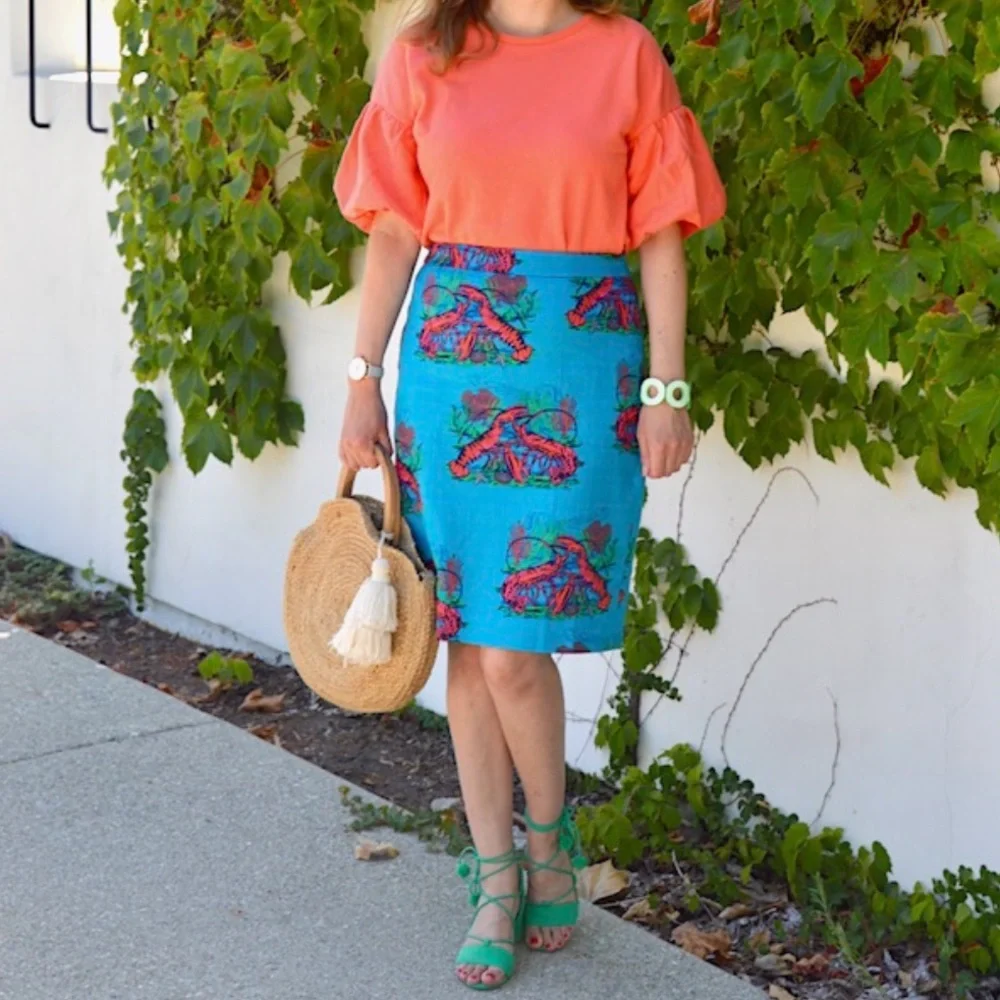 J. Crew Turquoise Blue Pencil Skirt with Coral Lobster Print